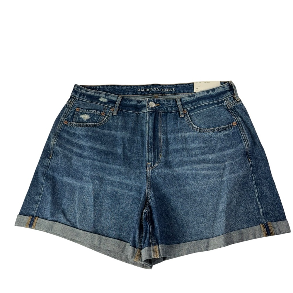 American Eagle Tomgirl Denim Shorts Medium Wash Distressed Rolled Hem Women 16